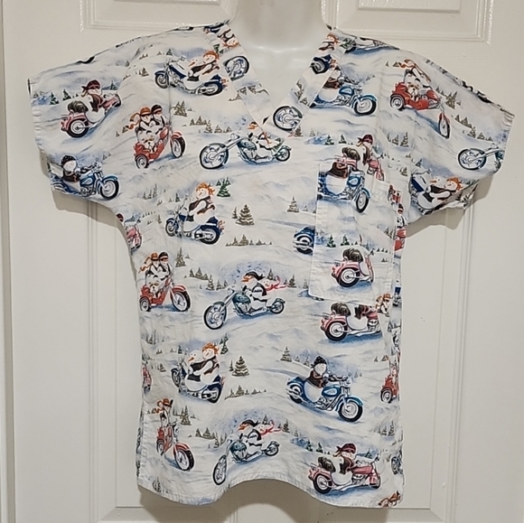 S.C.R.U.B.S. Women's Scrub Top Winter Holiday Snowman Biker Bikers Print V Neck - Picture 1 of 8